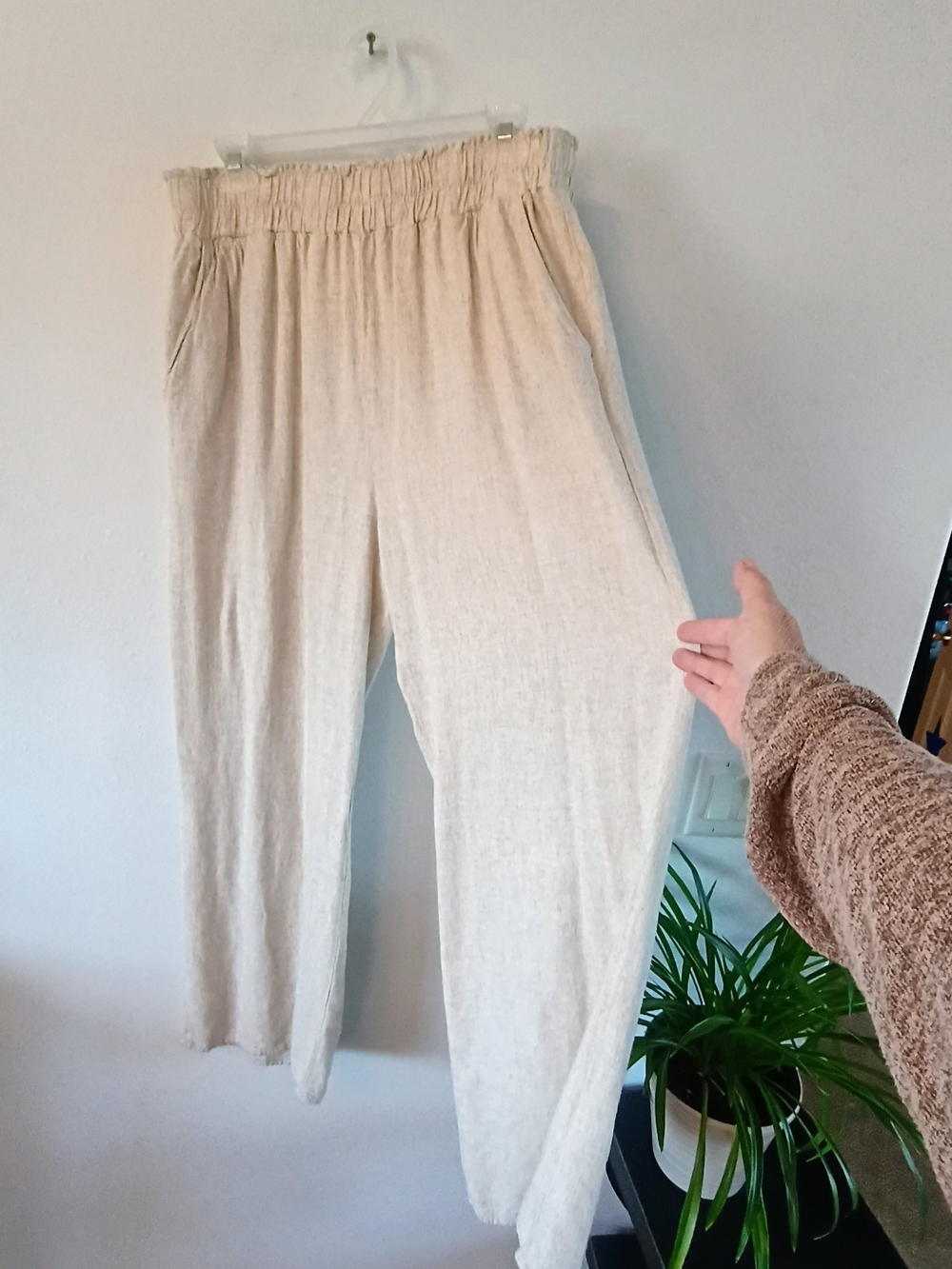Hunter & Brown Large Linen Blend Oatmeal Pull On Pants Coastal Boho Pockets